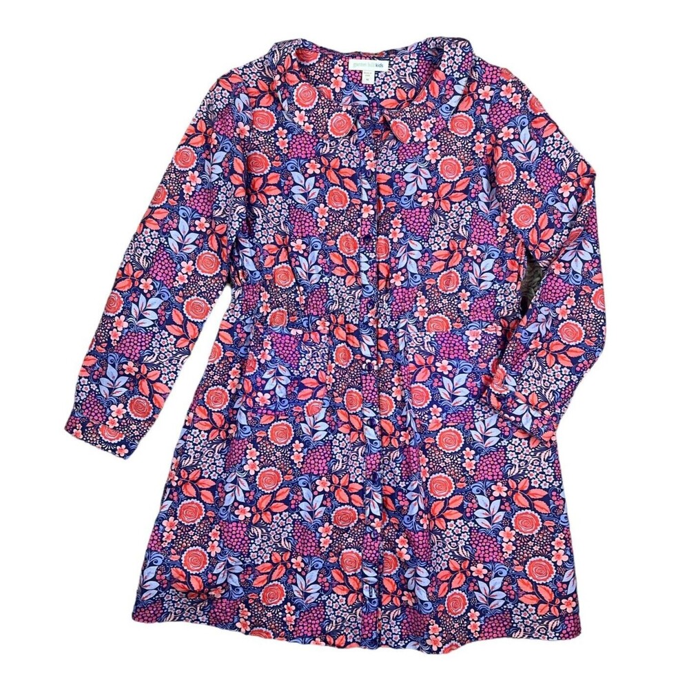 Garnet Hill Girls Navy Orange Floral LS Shirt Dress w Pockets Size 10 Prairie